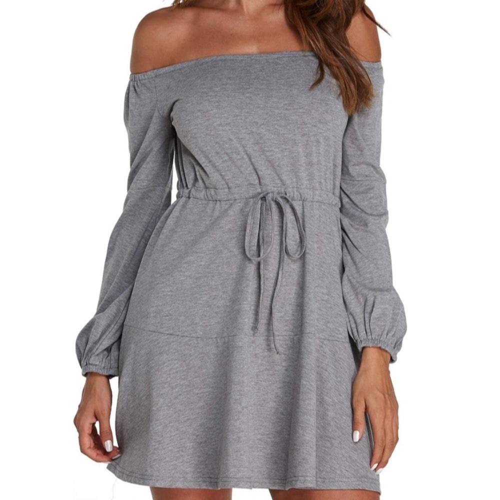 Kenoce Off Shoulder Peasant Sleeve Tiered A-line Babydoll Dress, Heather Gray